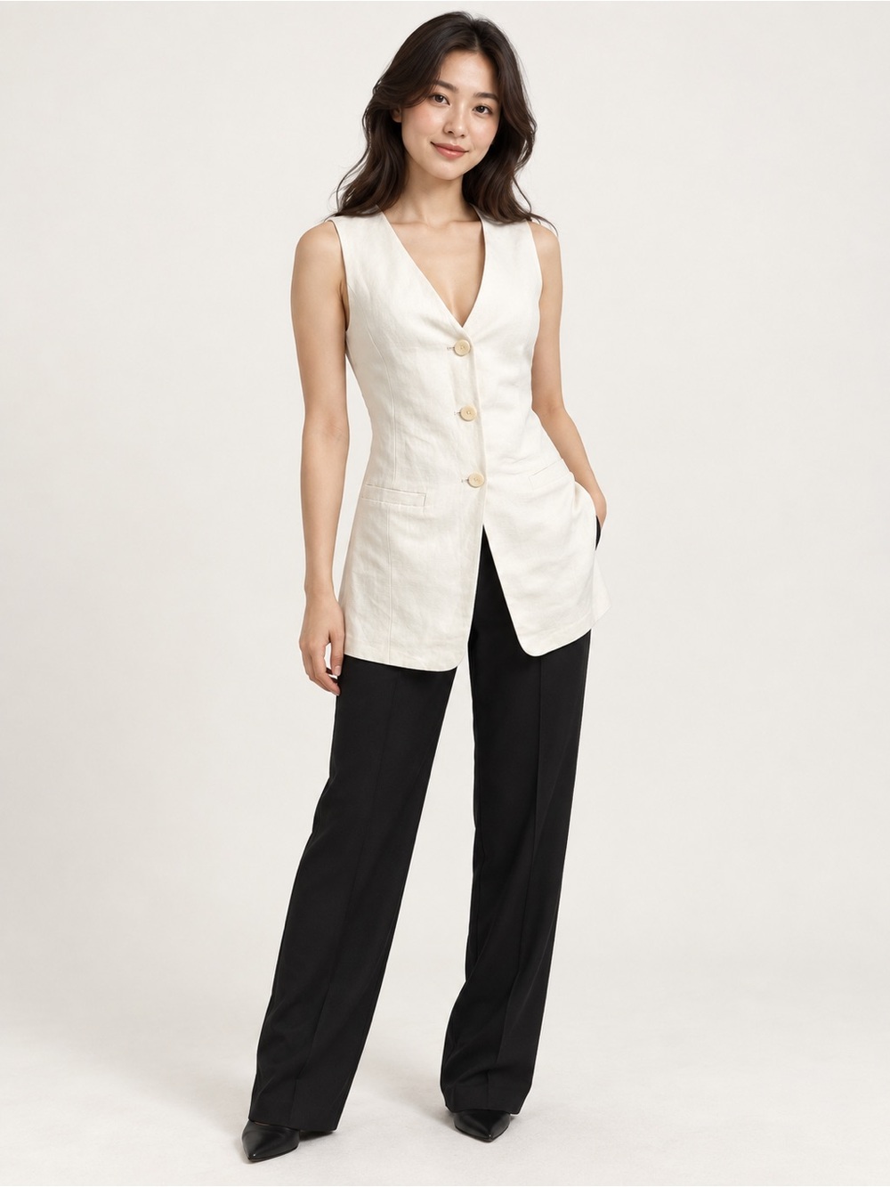 NWT White Longline Sleeveless Blazer Vest Button Front Minimalist XS